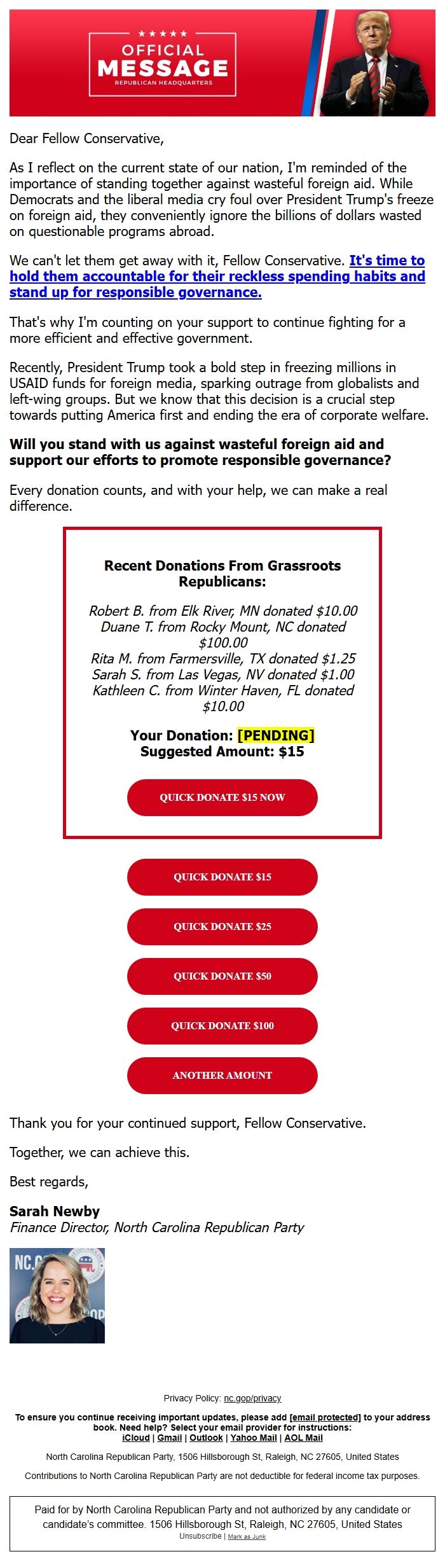Screenshot of the email generated on import