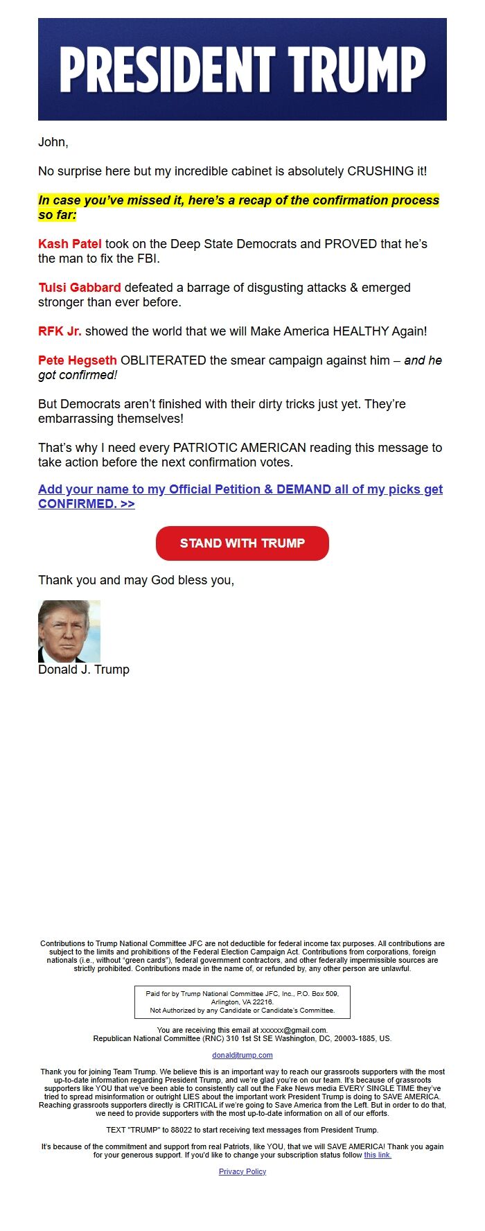 Screenshot of the email generated on import