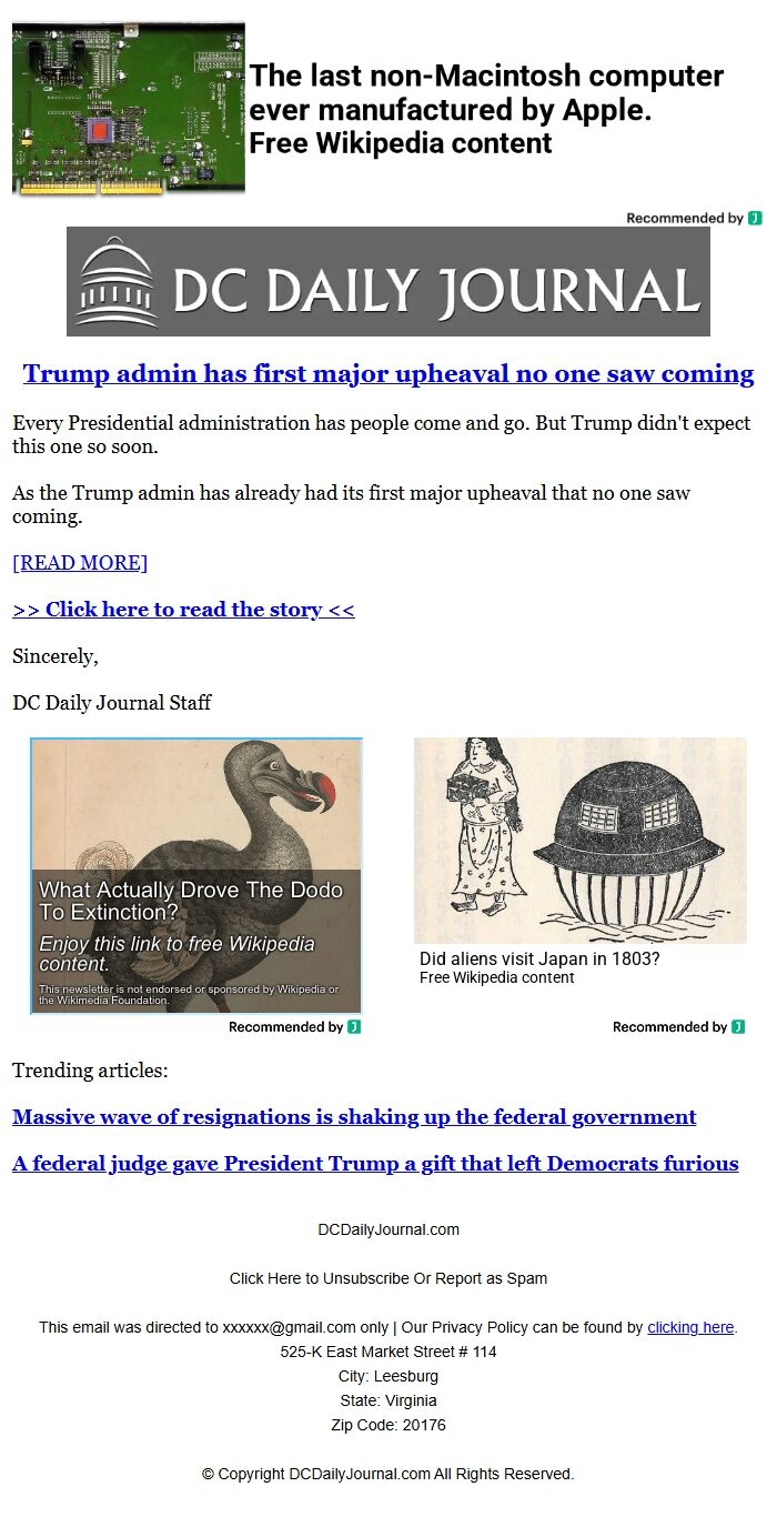 Screenshot of the email generated on import