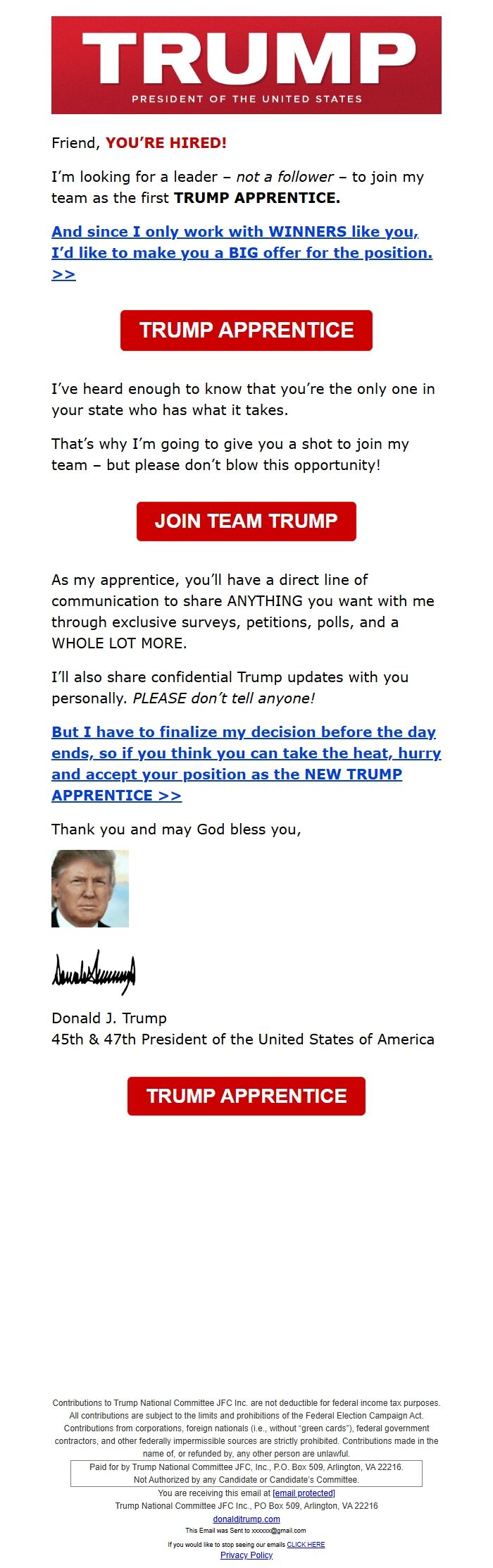 Screenshot of the email generated on import