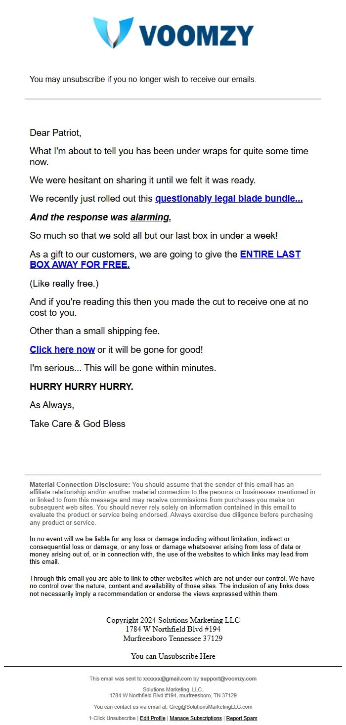 Screenshot of the email generated on import