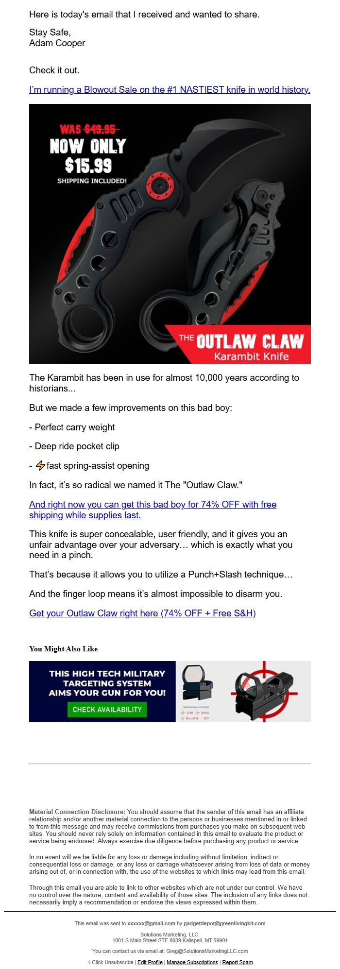 Screenshot of the email generated on import