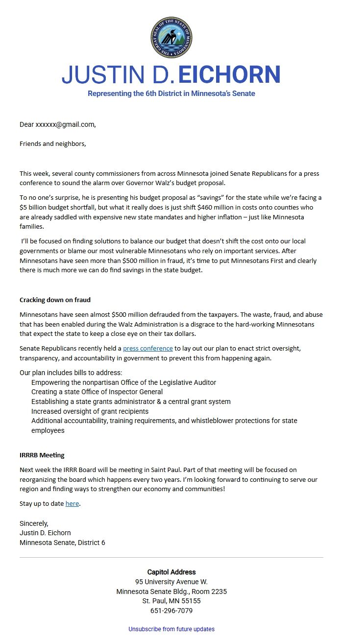 Screenshot of the email generated on import