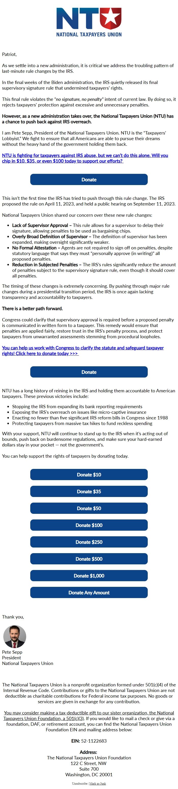Screenshot of the email generated on import