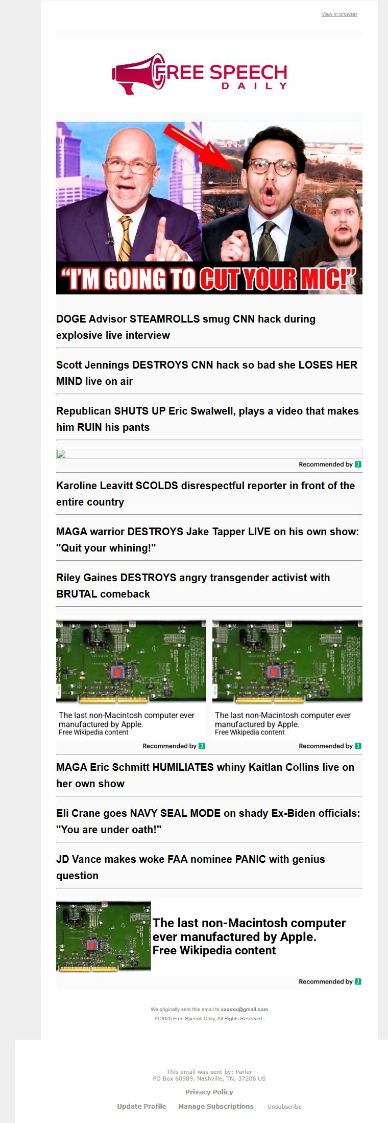 Screenshot of the email generated on import