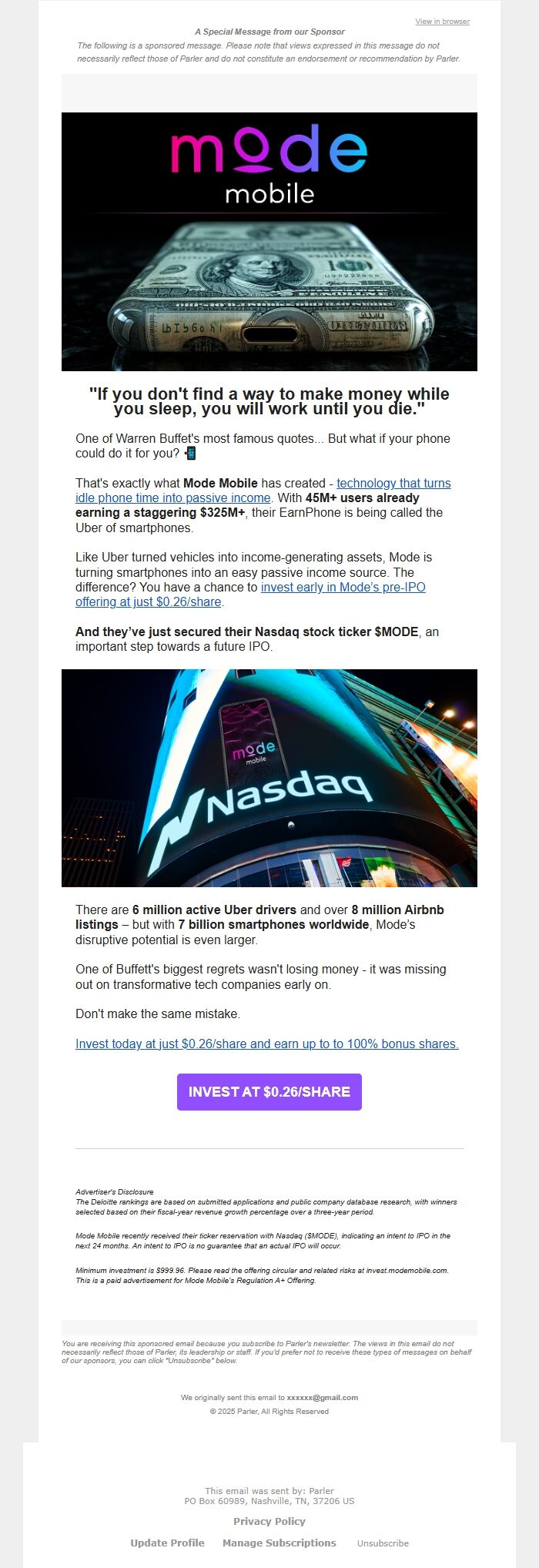 Screenshot of the email generated on import