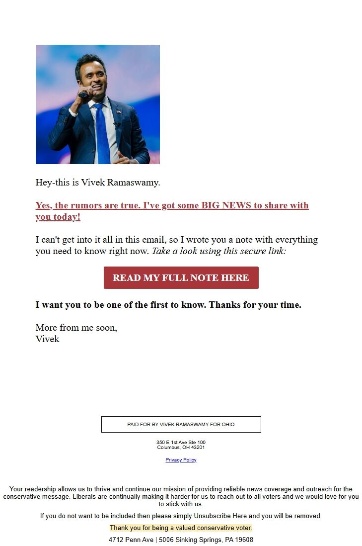 Screenshot of the email generated on import