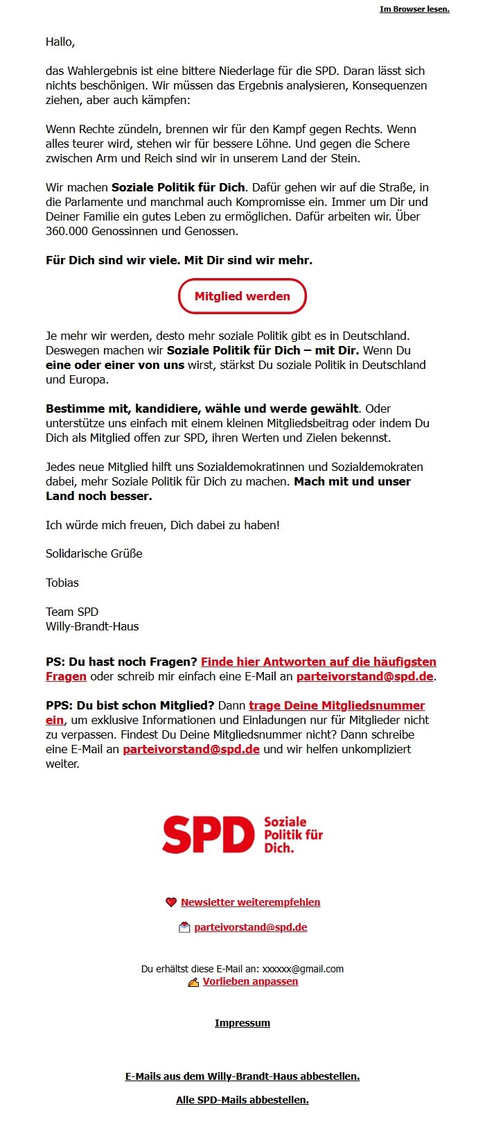 Screenshot of the email generated on import