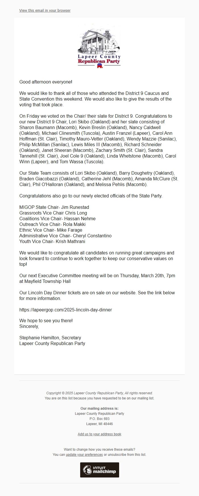 Screenshot of the email generated on import