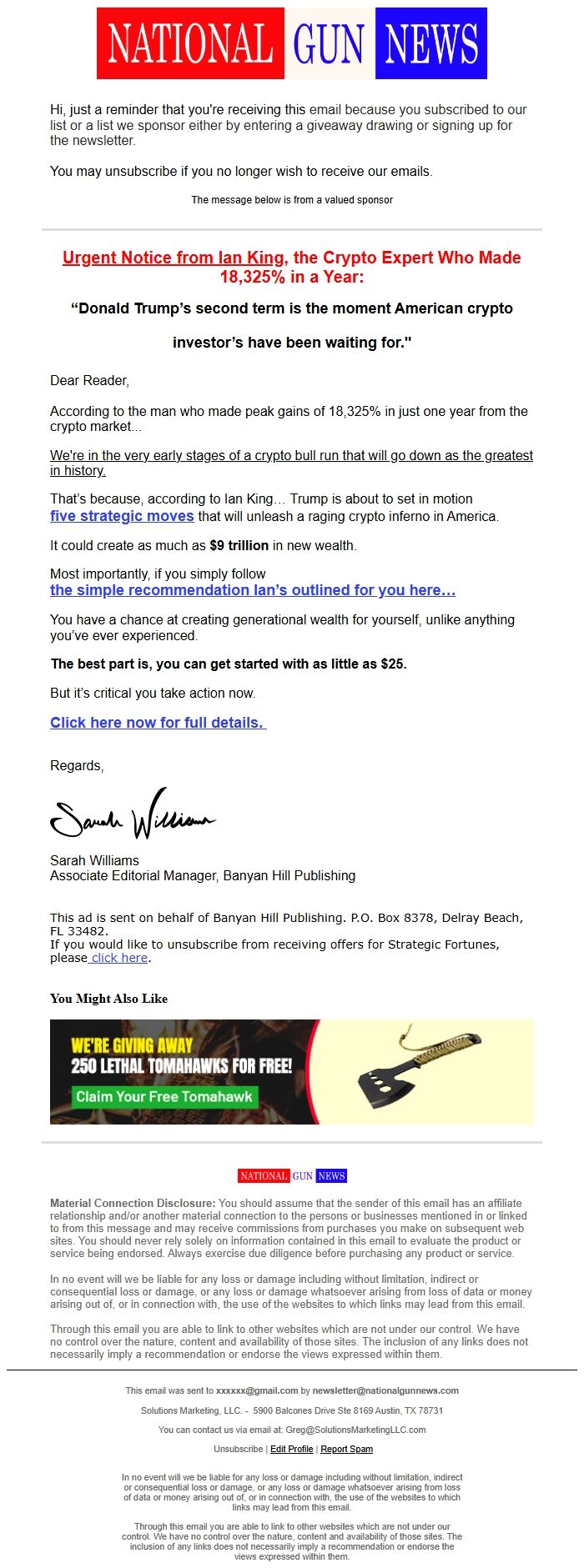 Screenshot of the email generated on import