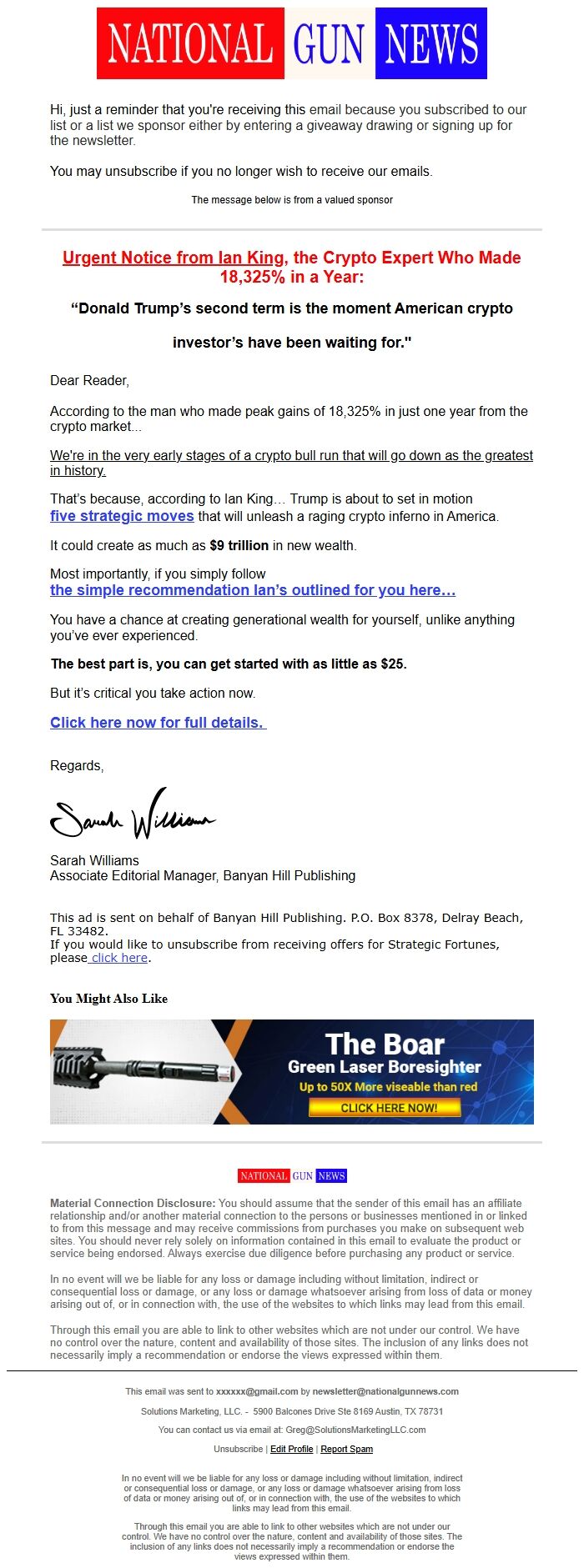 Screenshot of the email generated on import