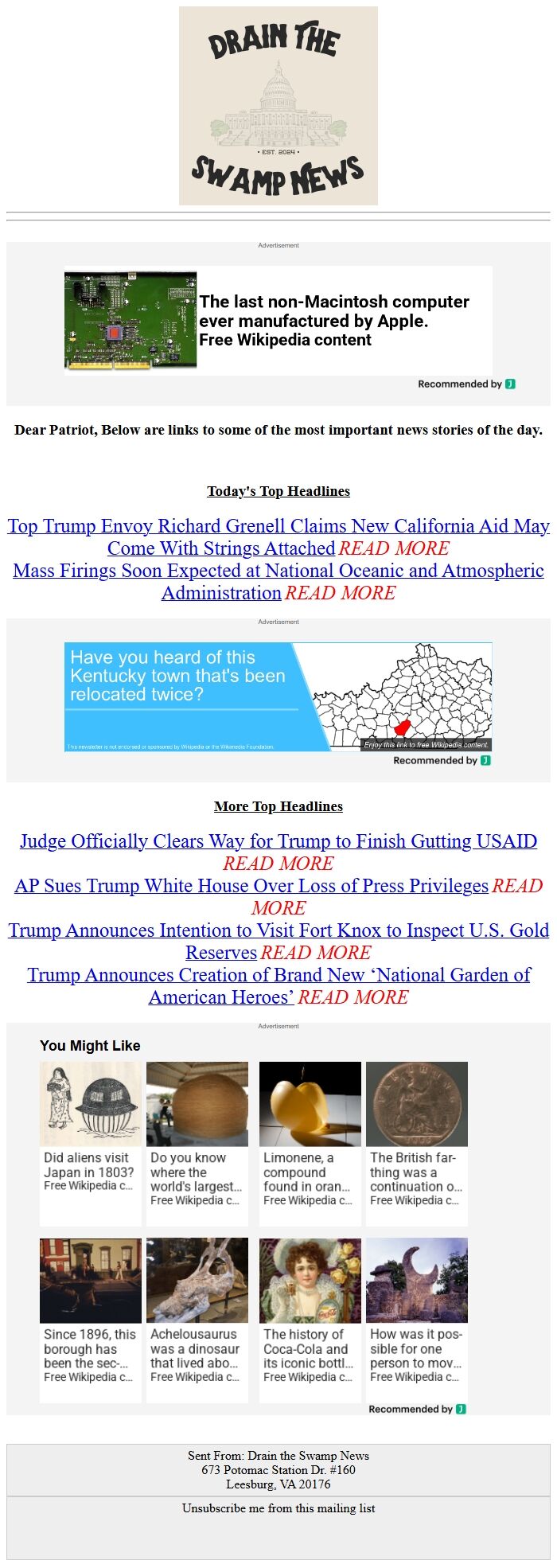 Screenshot of the email generated on import