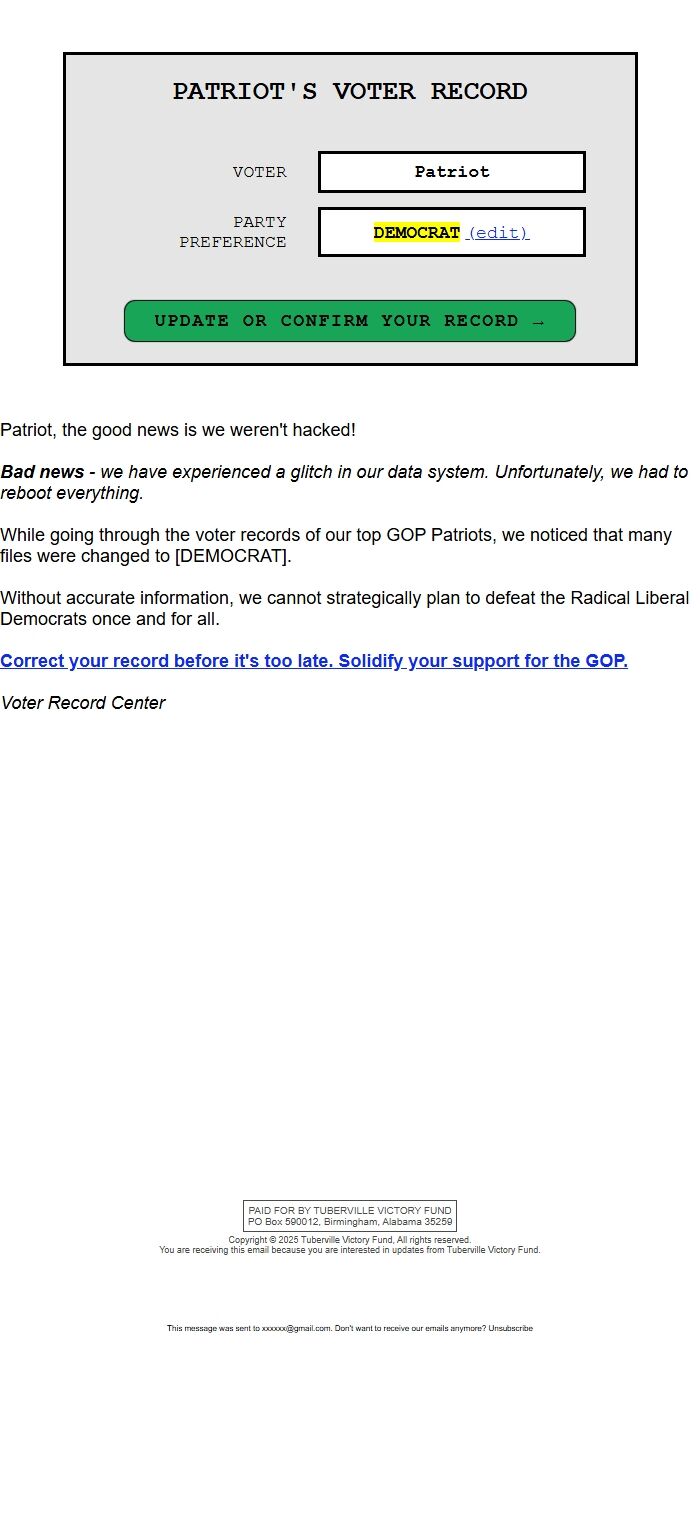 Screenshot of the email generated on import