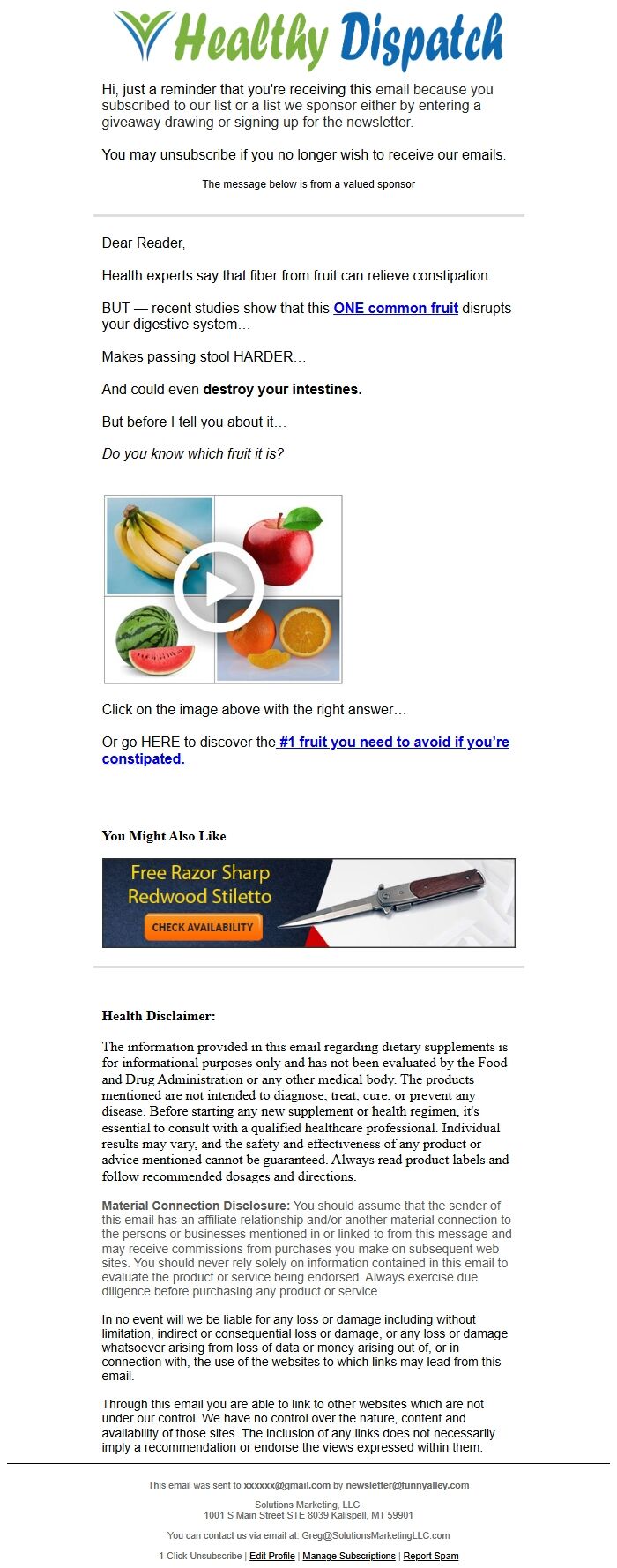 Screenshot of the email generated on import