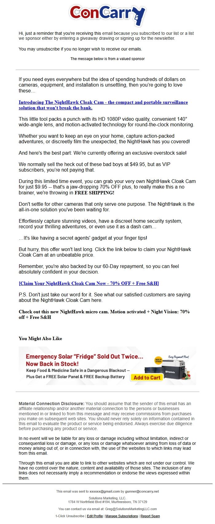 Screenshot of the email generated on import