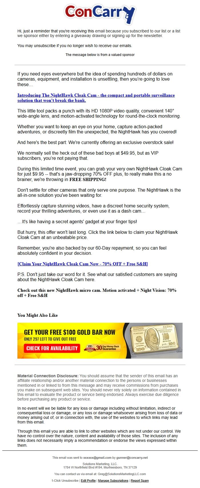 Screenshot of the email generated on import