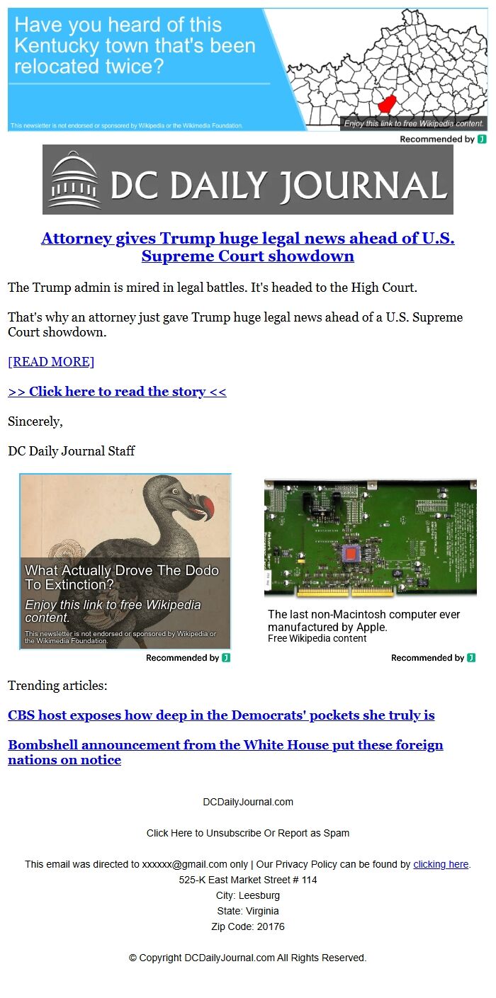 Screenshot of the email generated on import