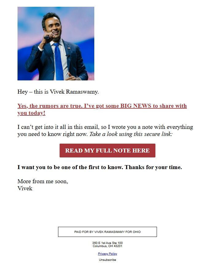 Screenshot of the email generated on import