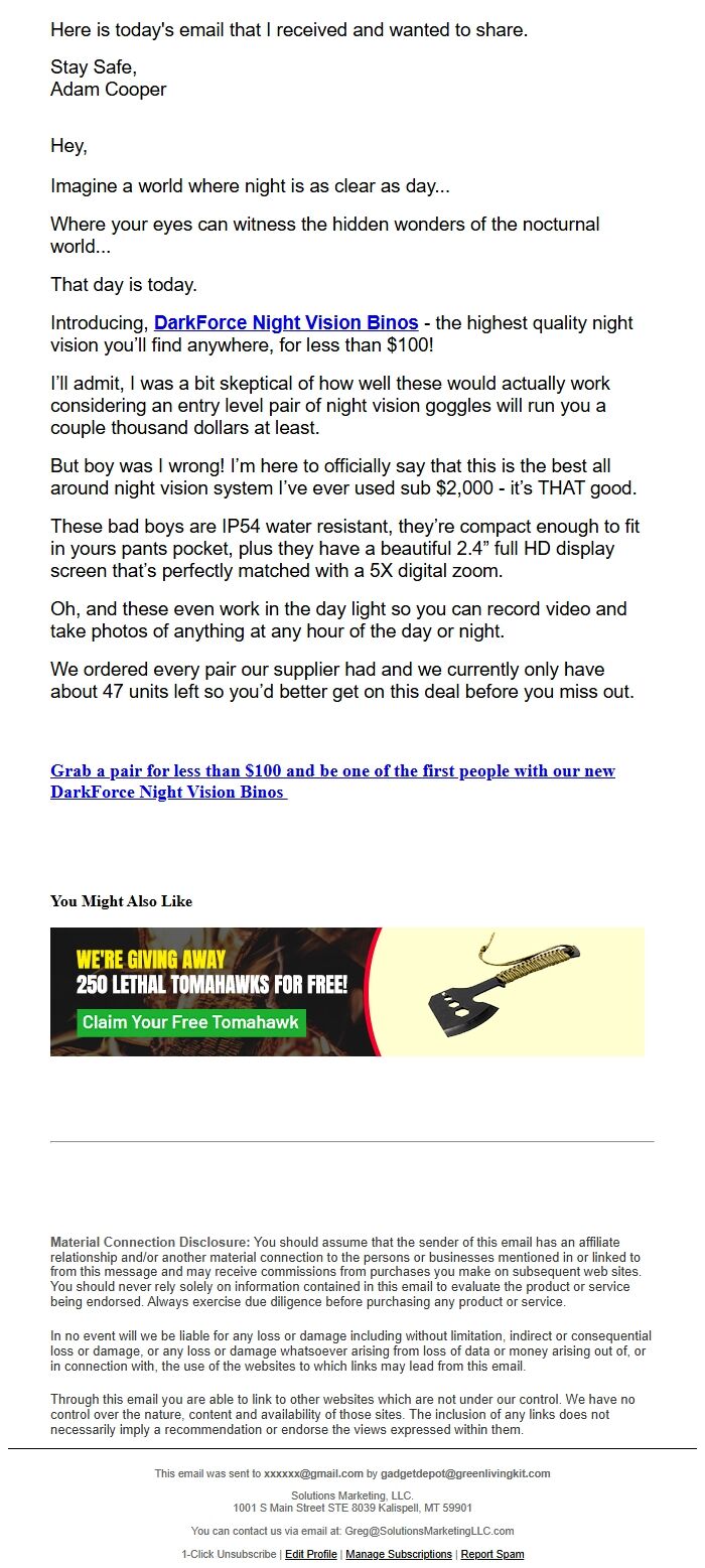 Screenshot of the email generated on import
