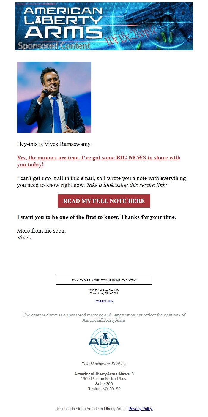 Screenshot of the email generated on import