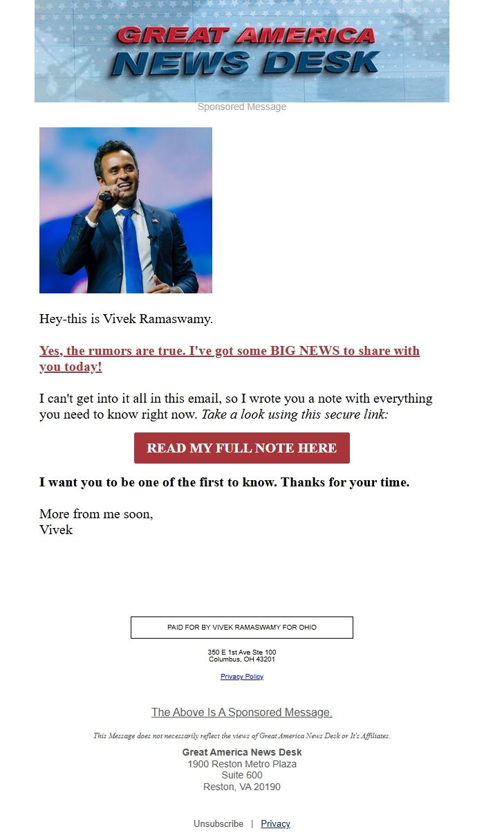 Screenshot of the email generated on import