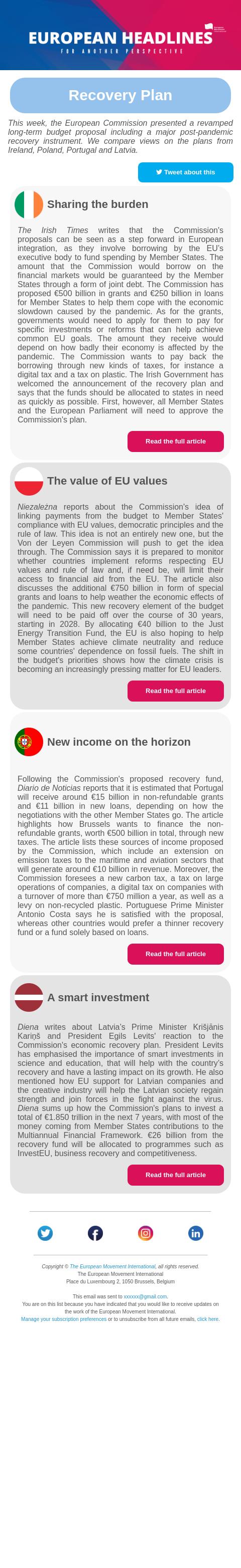 Screenshot of the email generated on import