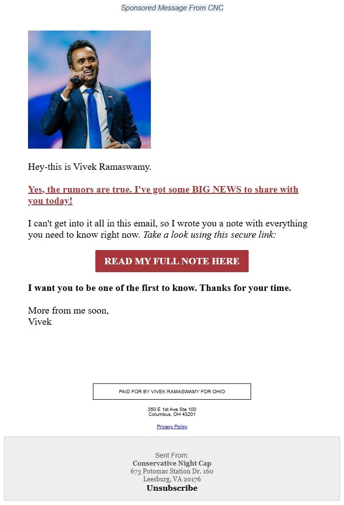 Screenshot of the email generated on import