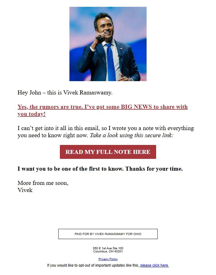 Screenshot of the email generated on import