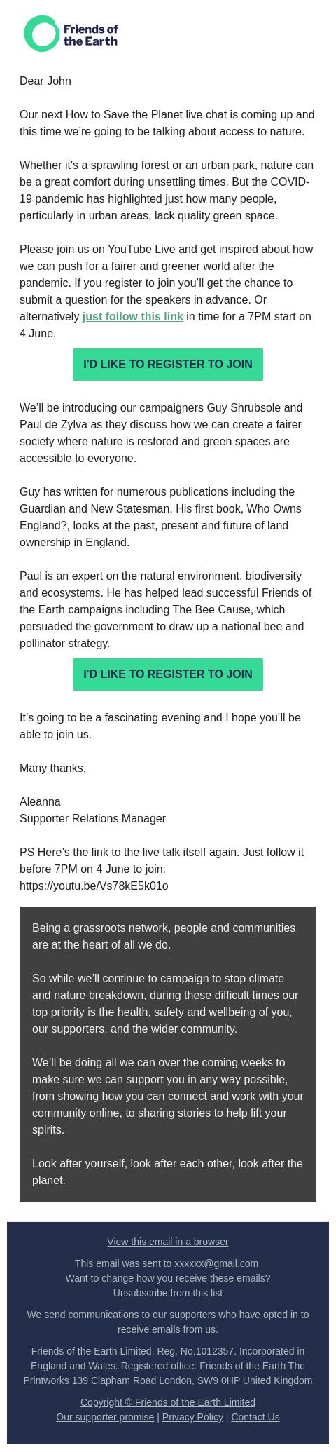 Screenshot of the email generated on import