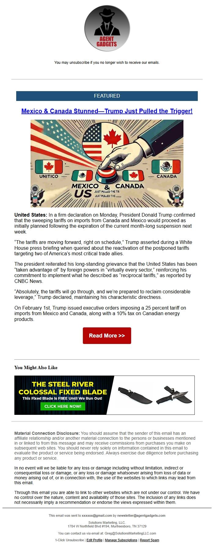 Screenshot of the email generated on import