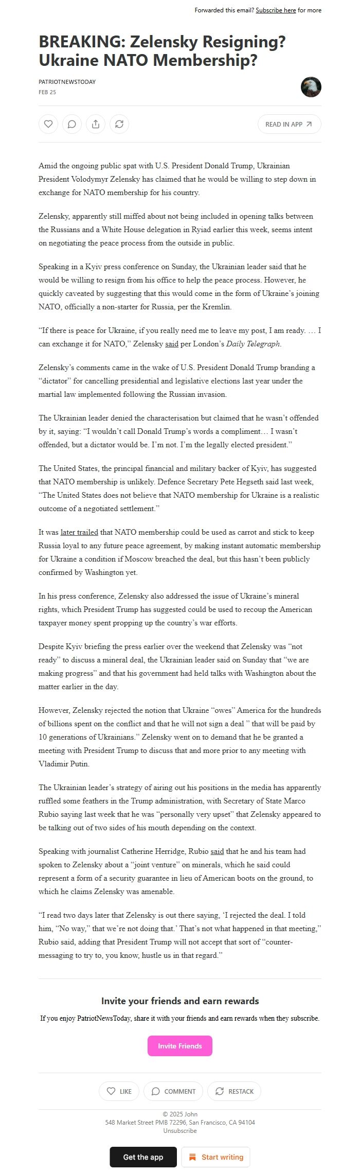 Screenshot of the email generated on import