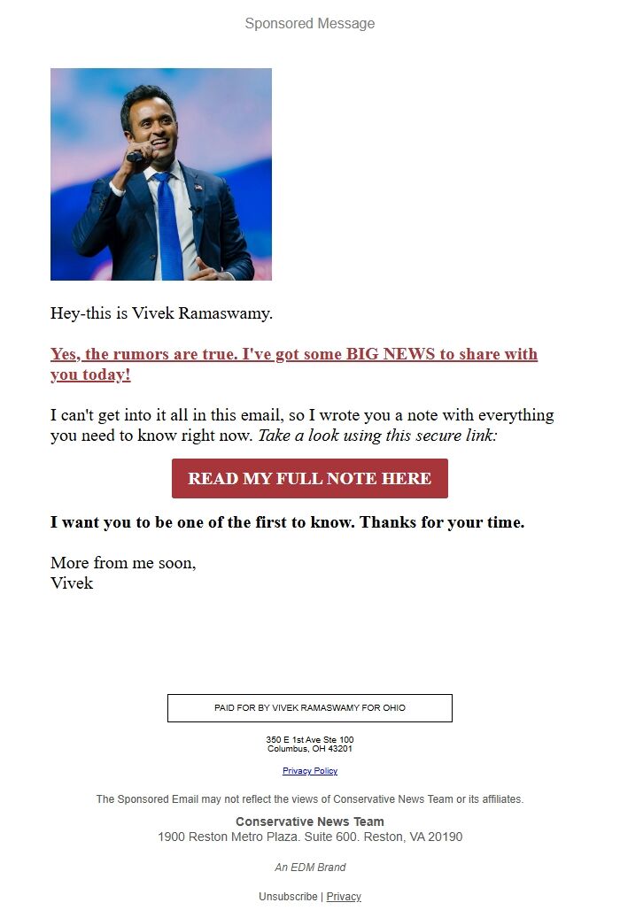 Screenshot of the email generated on import