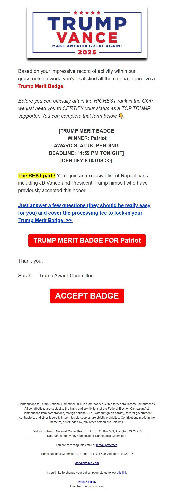Screenshot of the email generated on import