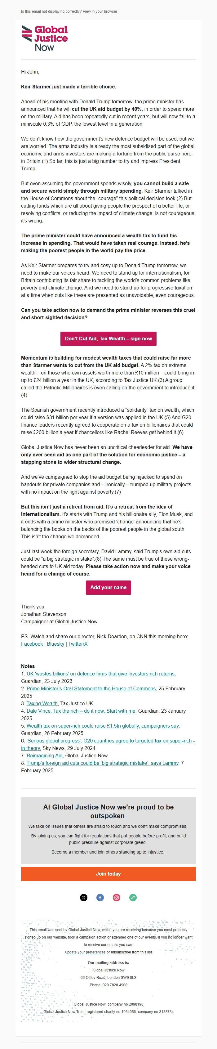 Screenshot of the email generated on import