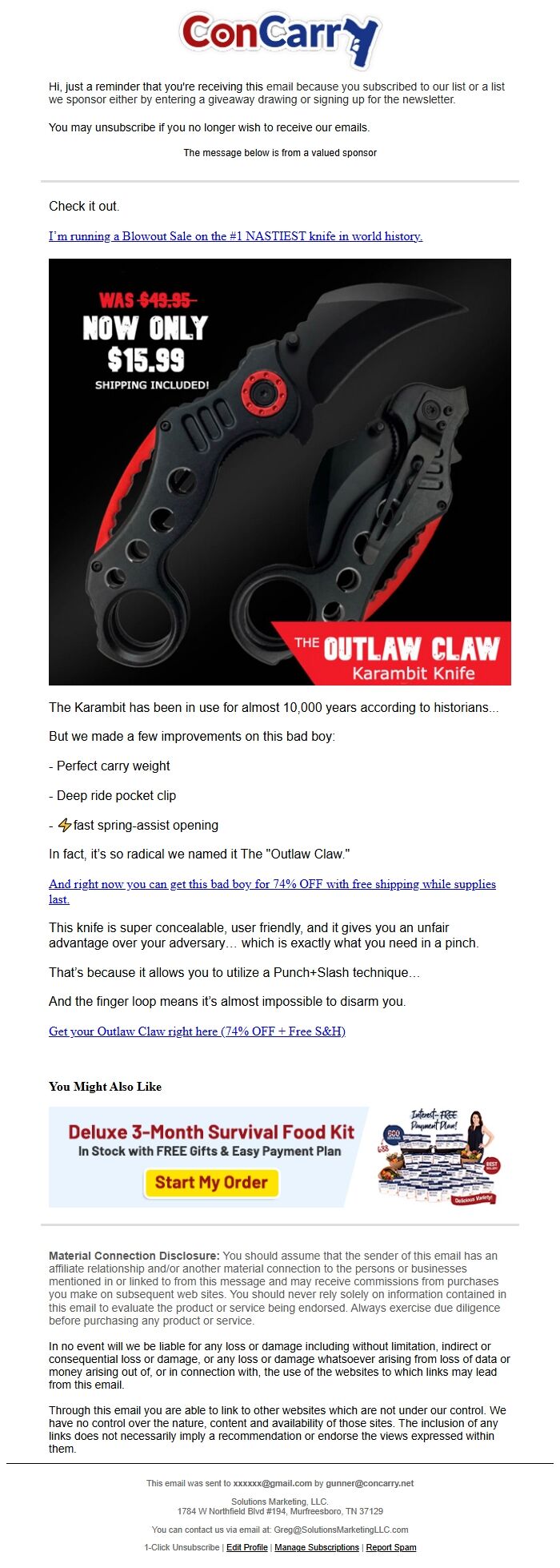 Screenshot of the email generated on import