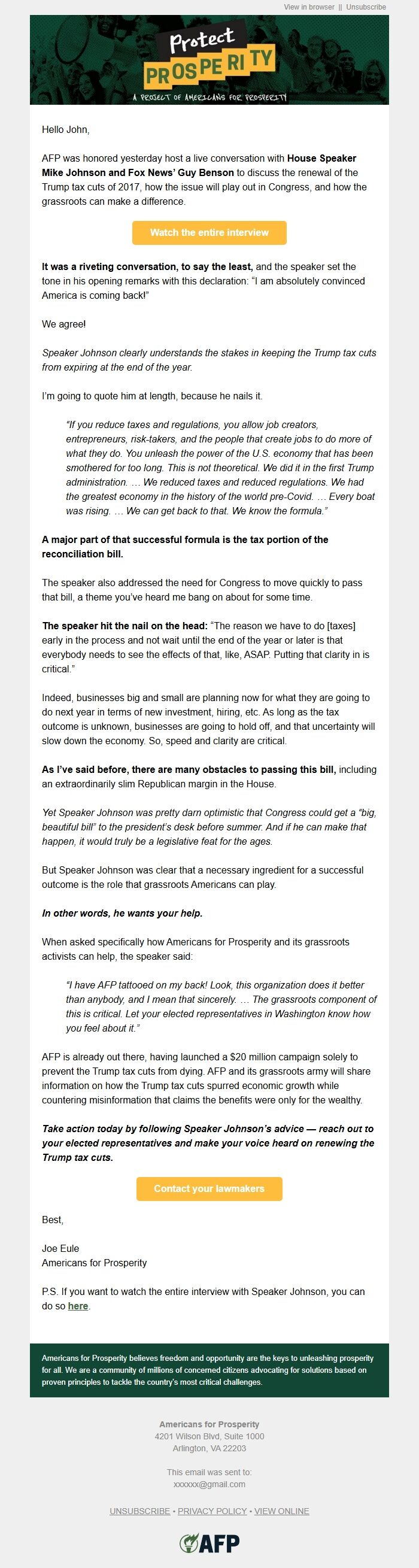 Screenshot of the email generated on import