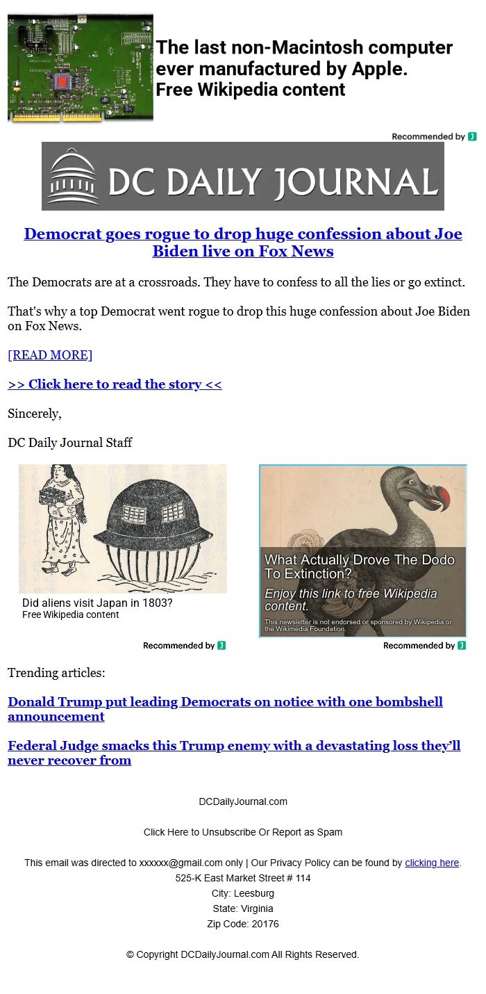 Screenshot of the email generated on import