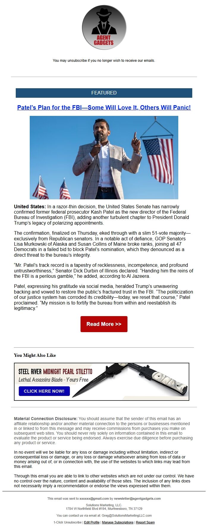 Screenshot of the email generated on import