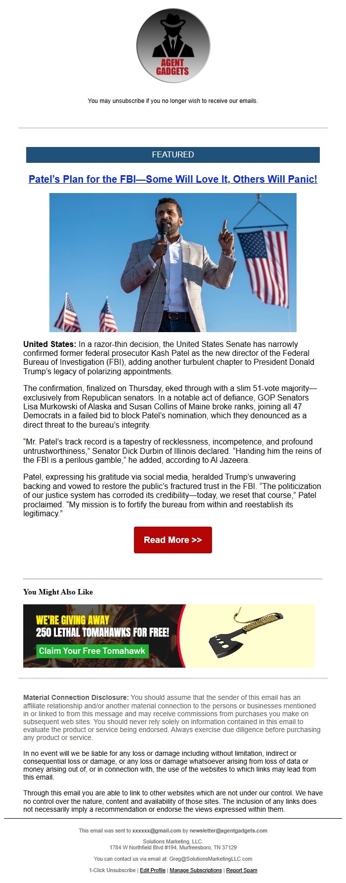 Screenshot of the email generated on import