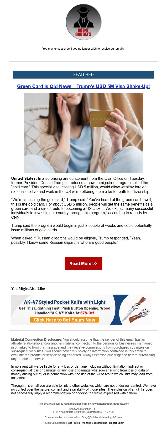 Screenshot of the email generated on import