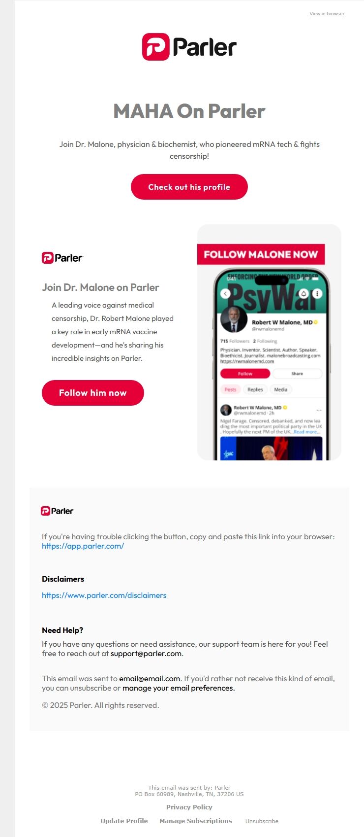 Screenshot of the email generated on import
