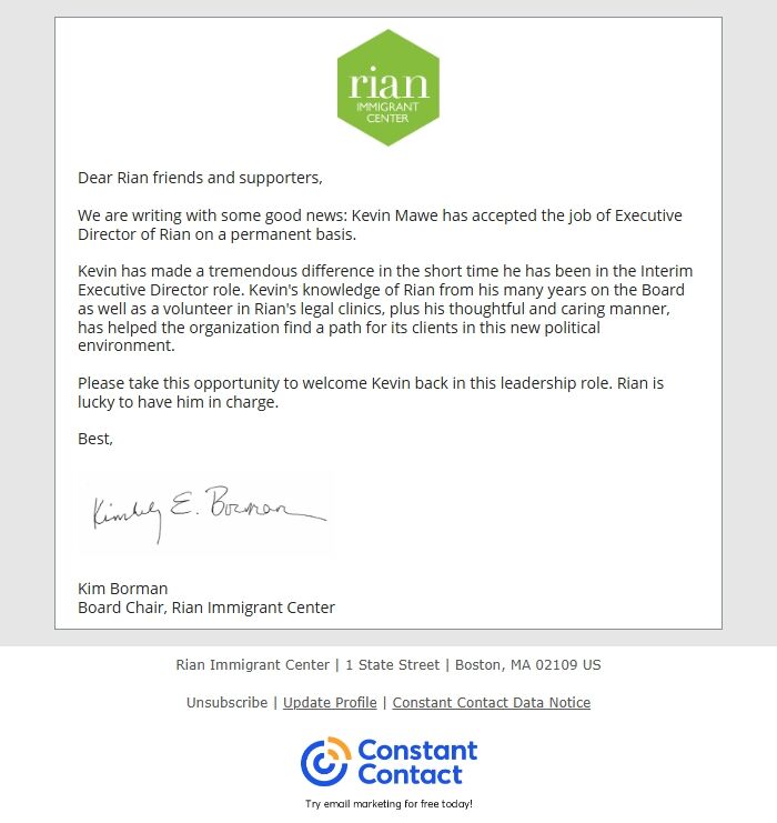 Screenshot of the email generated on import