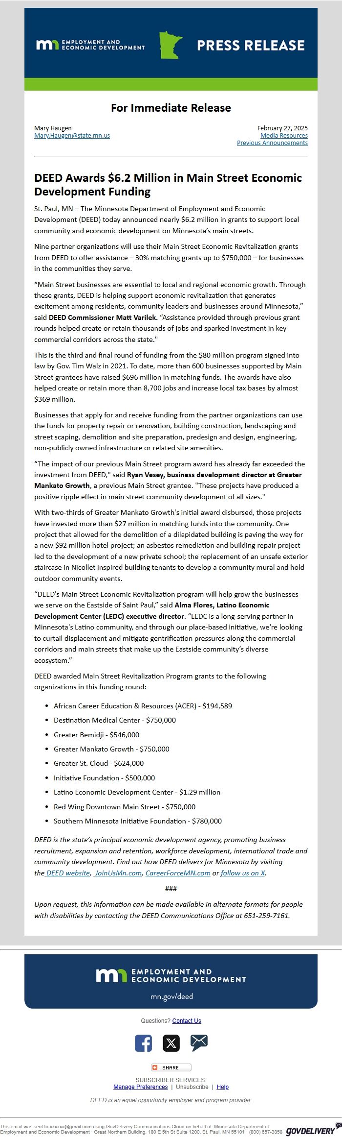 Screenshot of the email generated on import