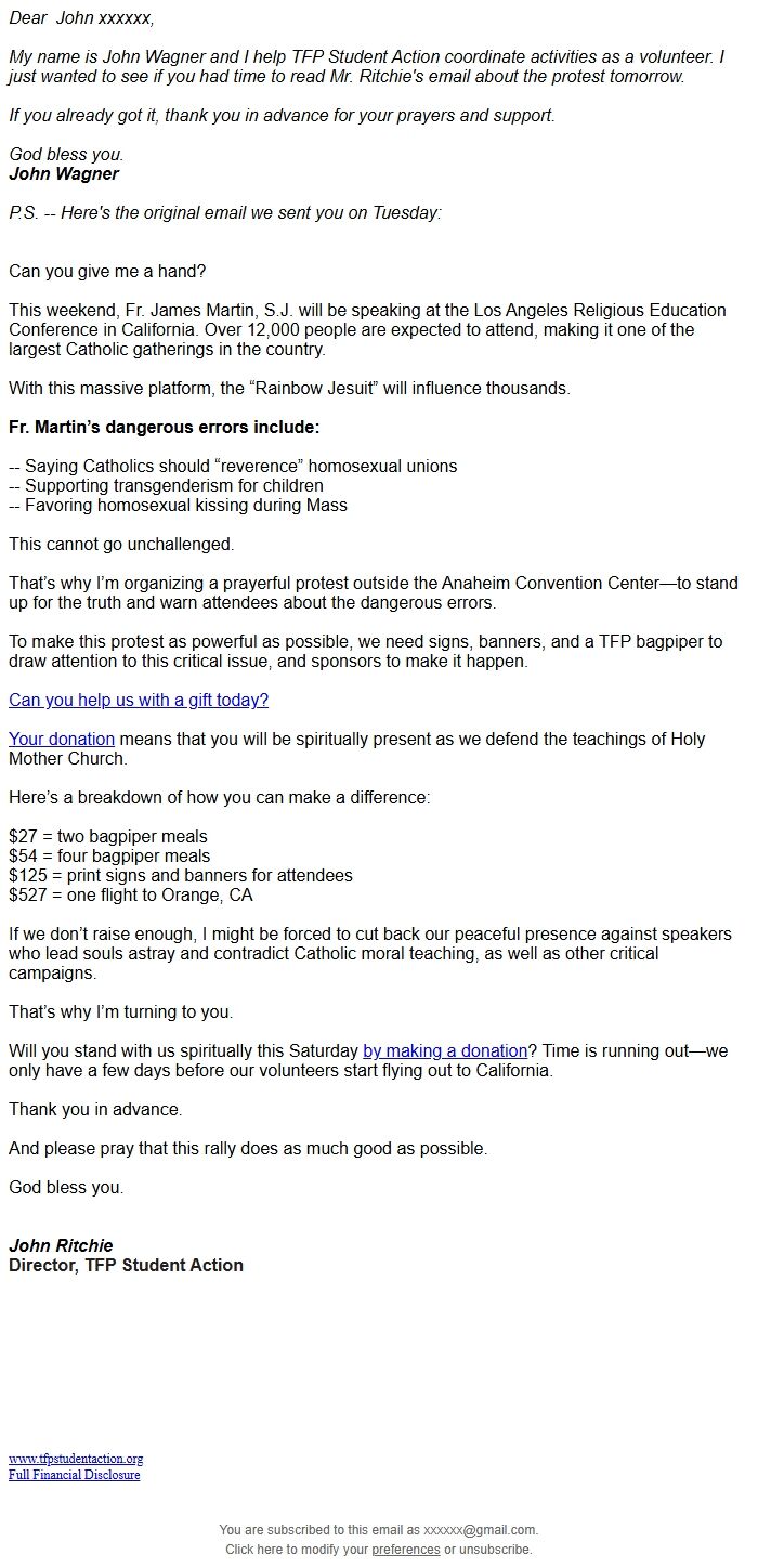 Screenshot of the email generated on import