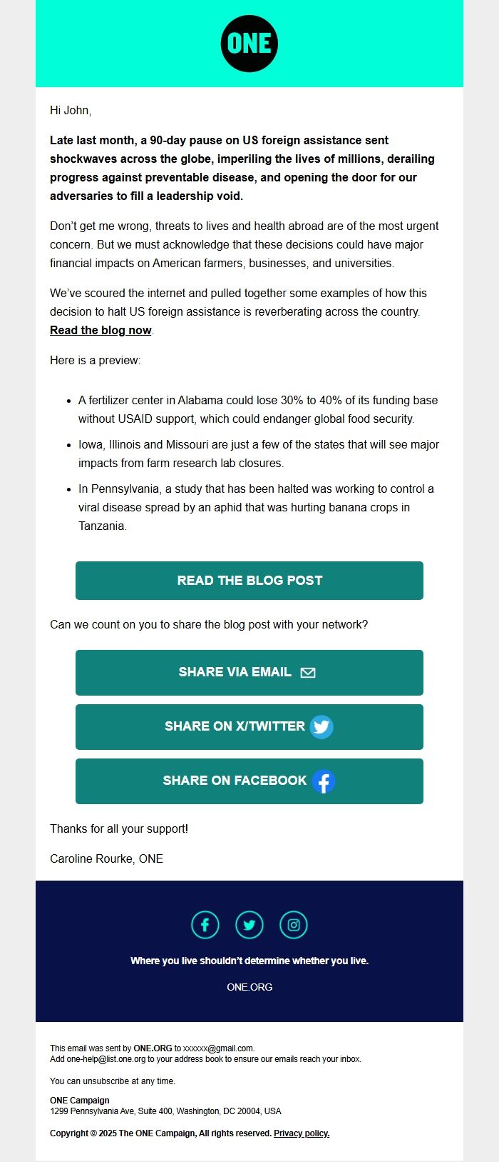 Screenshot of the email generated on import