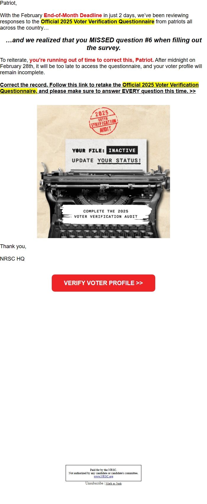 Screenshot of the email generated on import