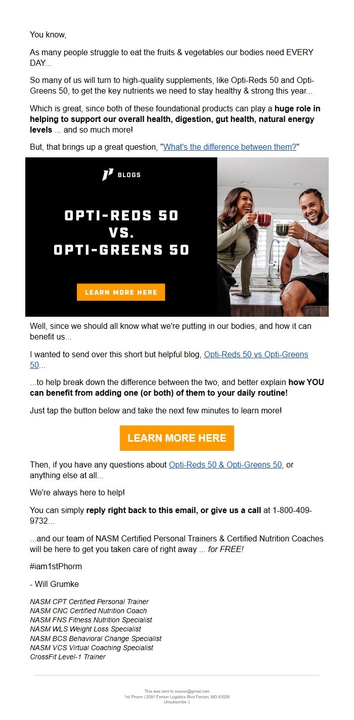 Screenshot of the email generated on import