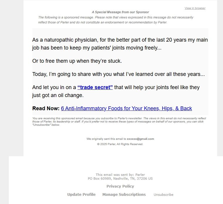 Screenshot of the email generated on import