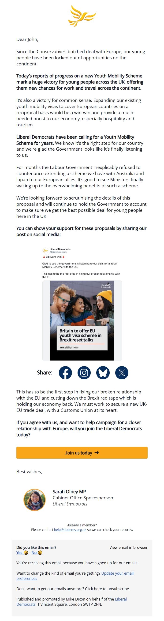 Screenshot of the email generated on import