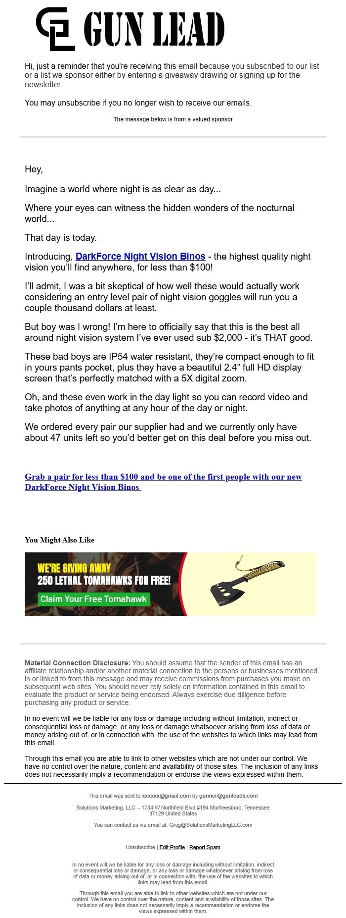 Screenshot of the email generated on import
